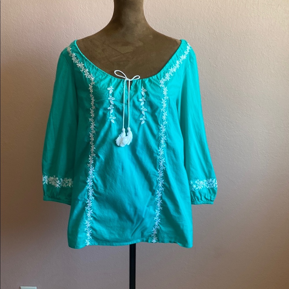 💙SALE💙BUNDLE & SAVE💙LOFT Teal Embroidered Peasant Blouse with White Trim